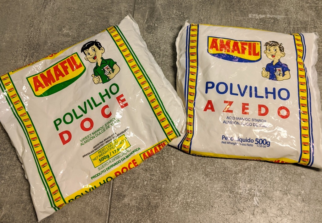 Sweet starch (polvilho doce) and sour starch (polvilho azedo) are available online and in Brazilian food shops