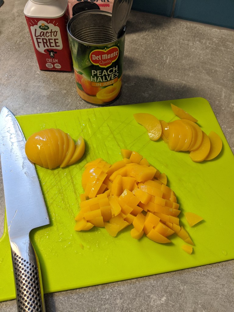 Cut peaches into cubes. You might save some for decoration and cut into slices.