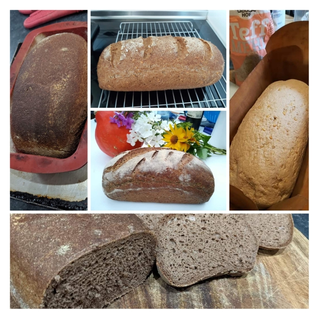 A collage of pictures of loaves of bread. Five images of bread loaves, one is ready to get baked, three have been baked and are golden brown, one is darker. Two of the breads have scoring on top. On bread at the bottom has been cut into slices and has even distribution of holes in the structure of the bread.

In the middle picture there is a colourful bouquet of flowers next to the bread.
