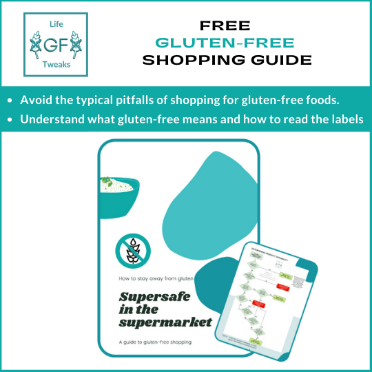 Graphic displaying the cover of the gluten-free shopping guide and an image of a flowchart for reading labels for gluten.
