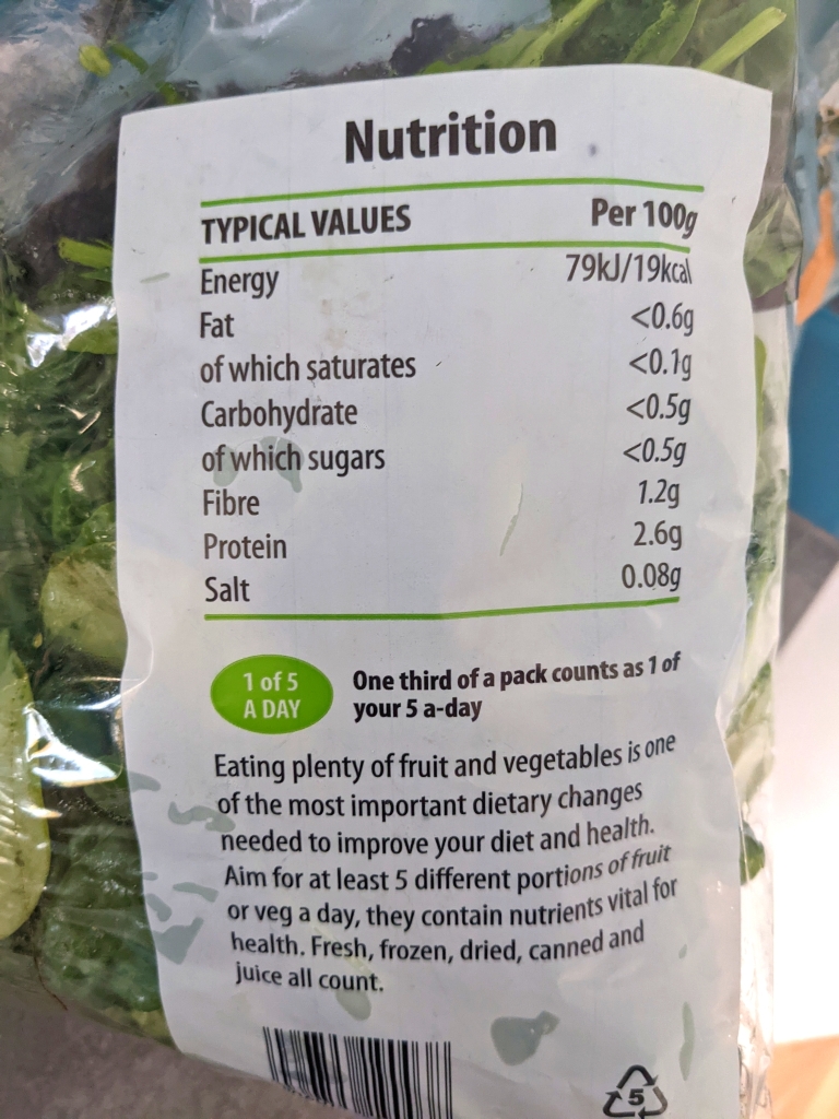 Nutritional values of baby spinach - 79kJ energy per 100g. Less than 0.6g fat (saturates less than 0.1g), less than 0.5g carbohydrates, of which sugars less than 0.5g, 1.2g fibre and 2.6g protein. 0.08g salt. A large part of the mass of spinach is water.